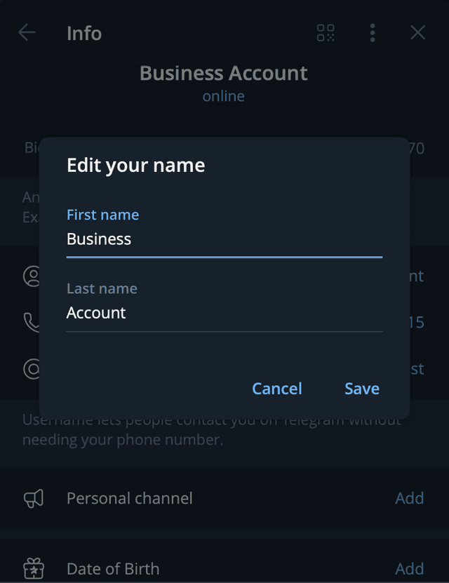 Telegram business account name edit screen