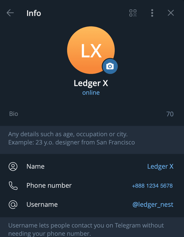 Telegram profile interface showing Ledger X account details