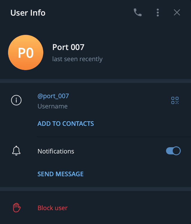 Telegram user profile view for Port 007